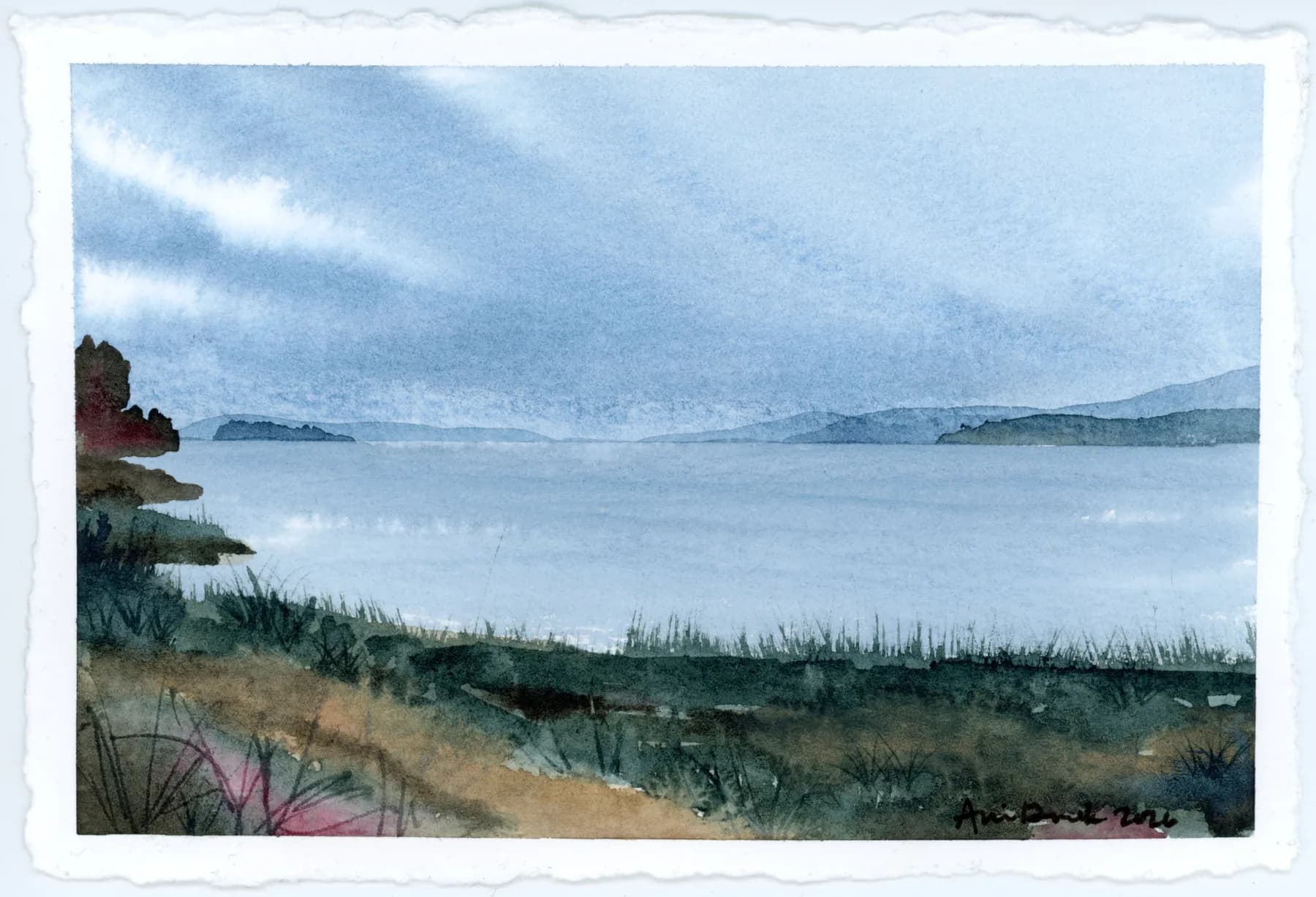 Anacortes, an original watercolor landscape on deckle-edged paper