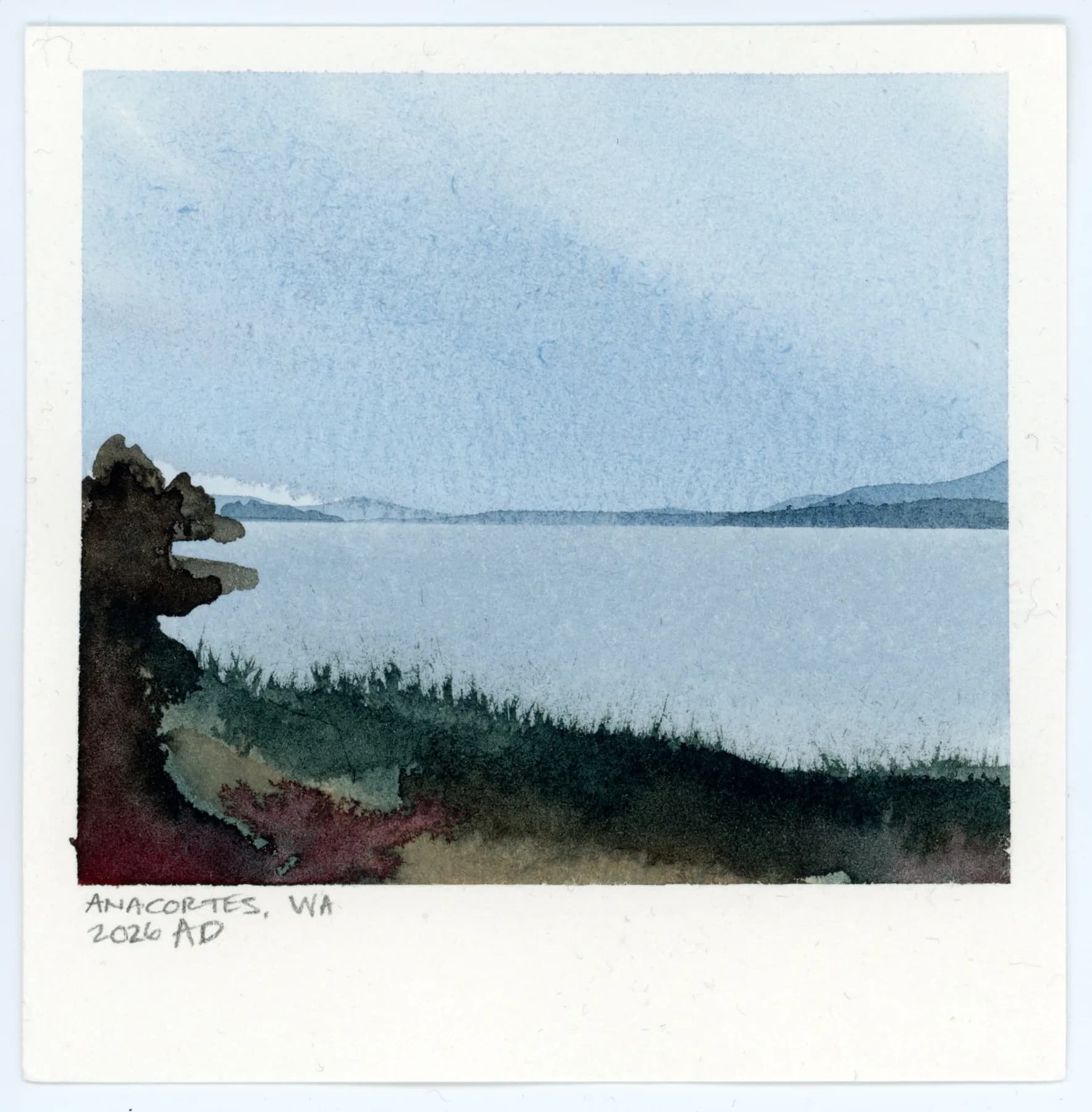 Anacortes, a small square watercolor landscape painted to look like a Polaroid