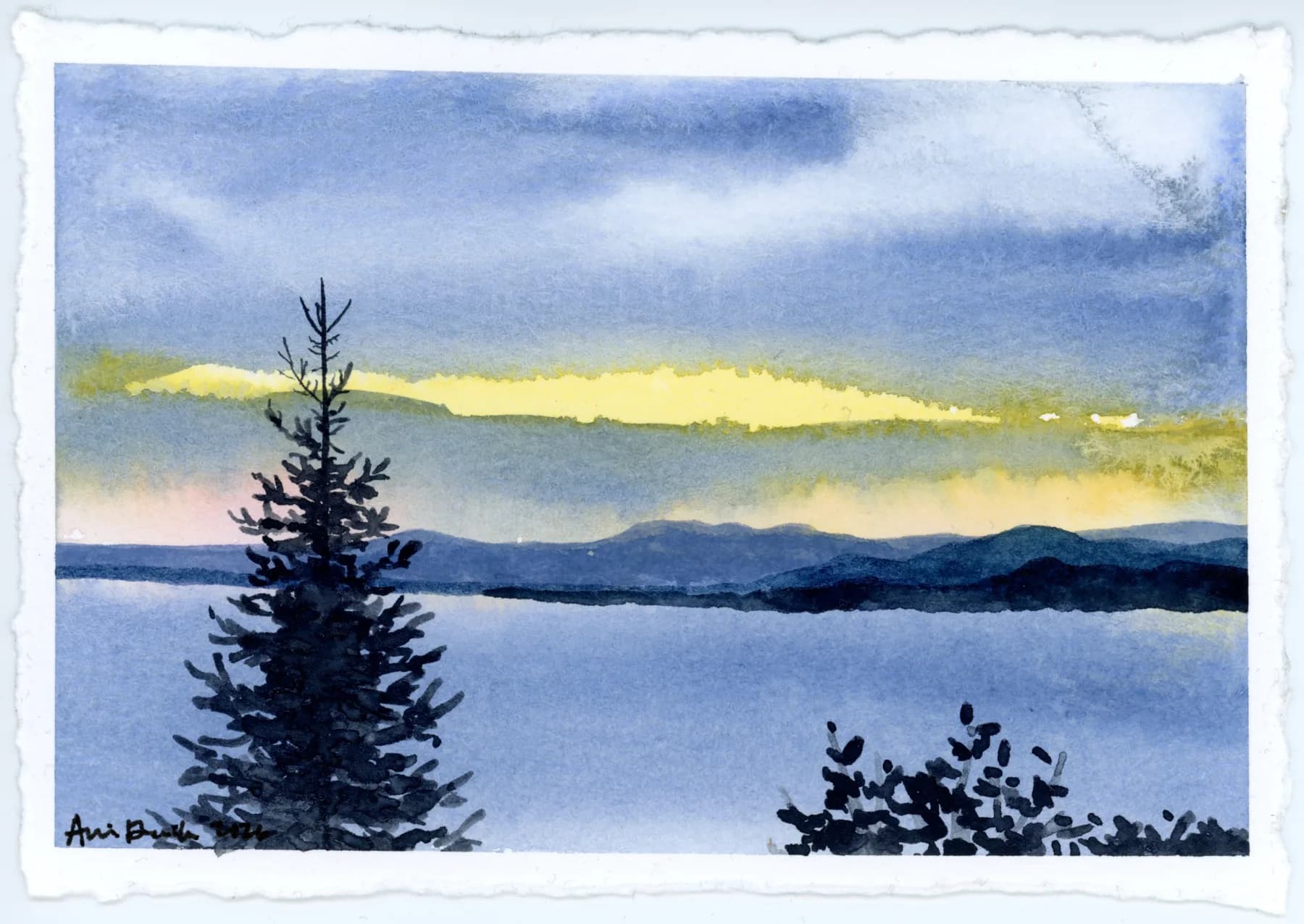Chuckanut, an original watercolor landscape on deckle-edged paper