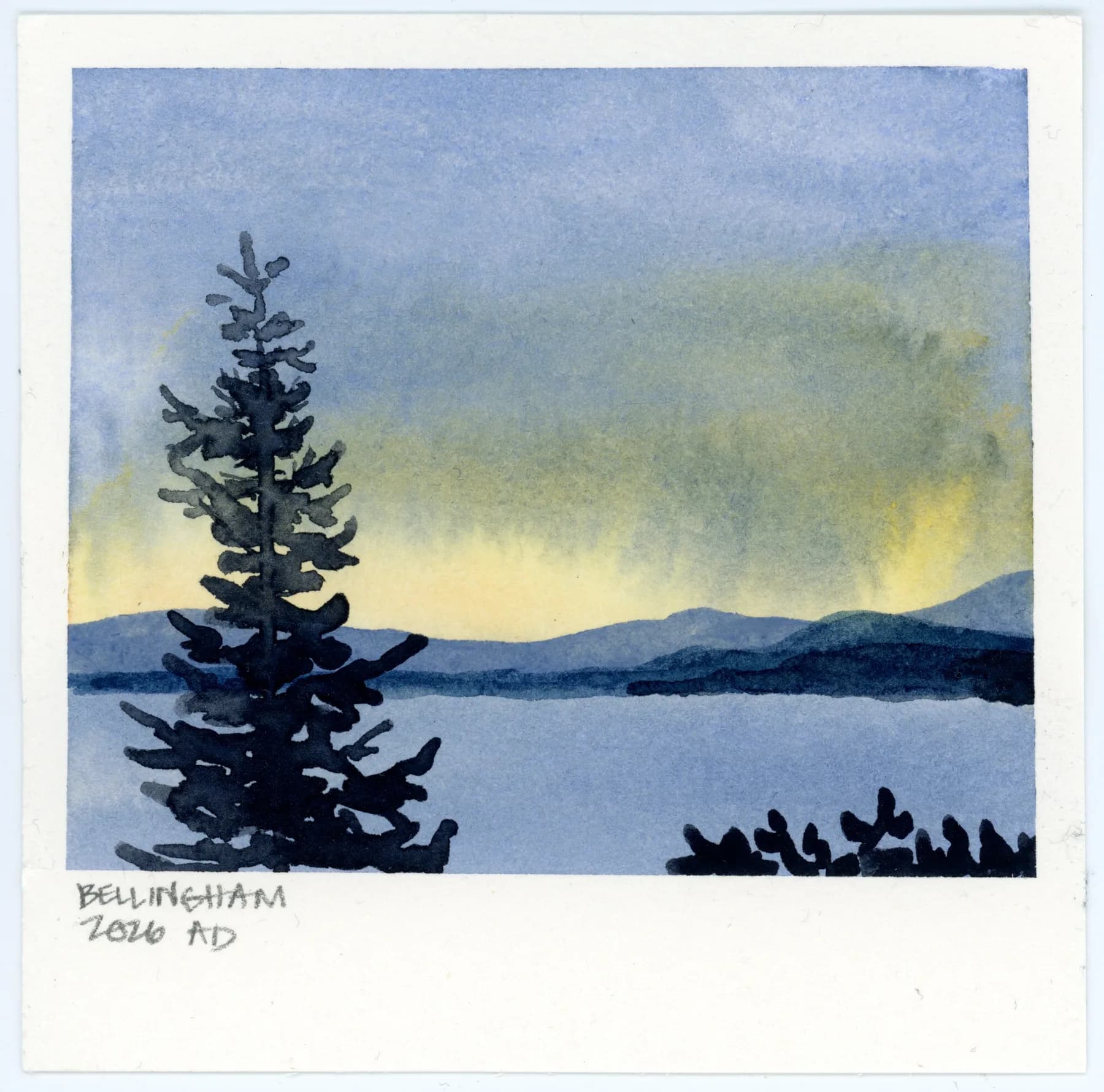 Chuckanut, a small square watercolor landscape painted to look like a Polaroid