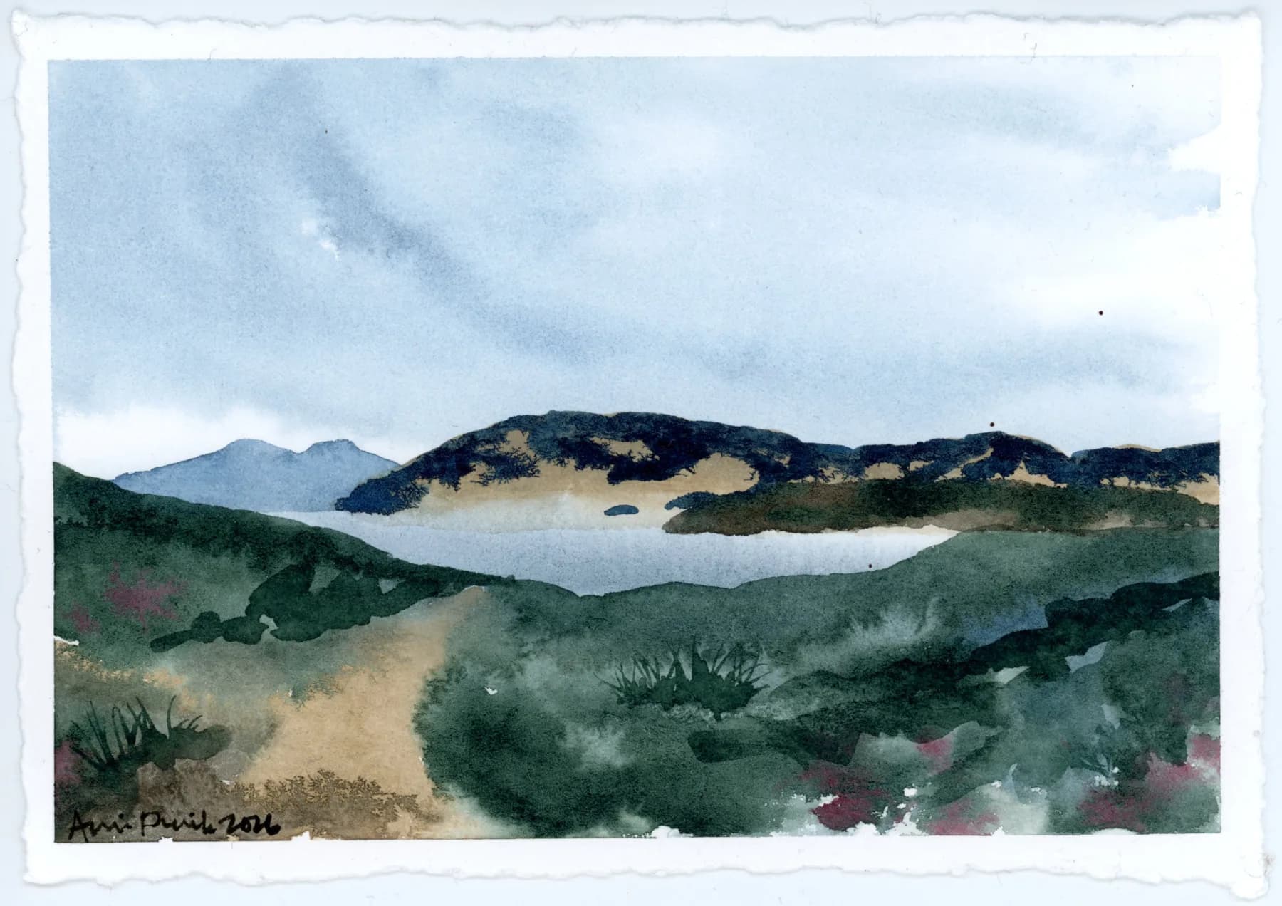 Columbia River Gorge, an original watercolor landscape on deckle-edged paper