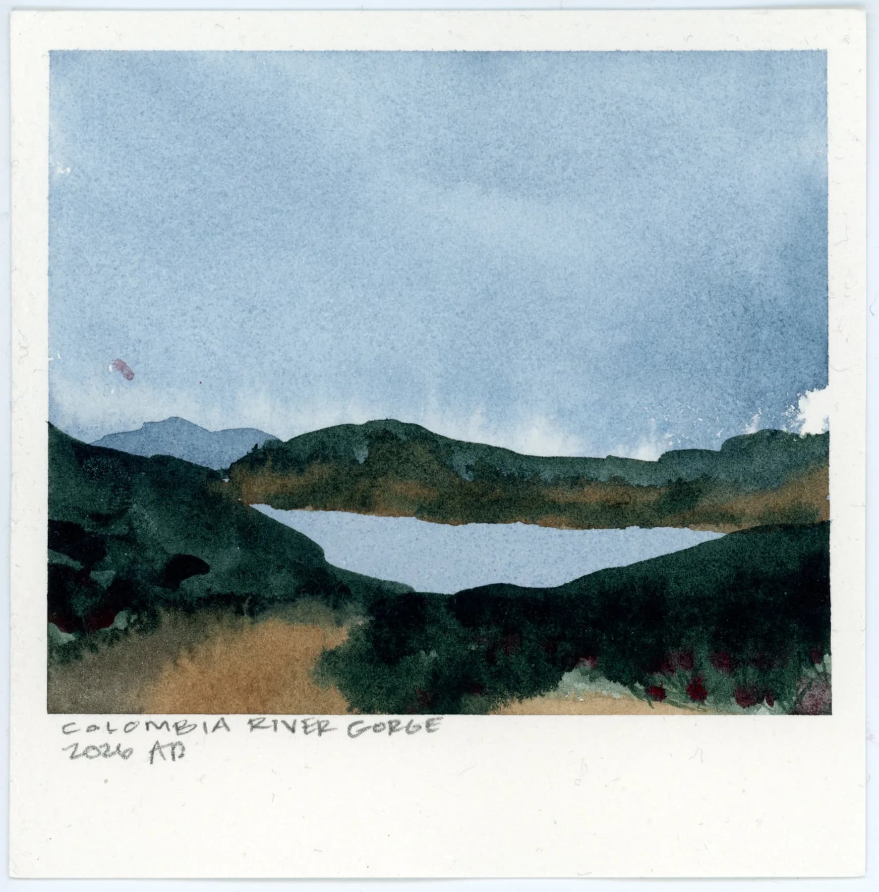 Columbia River Gorge, a small square watercolor landscape painted to look like a Polaroid