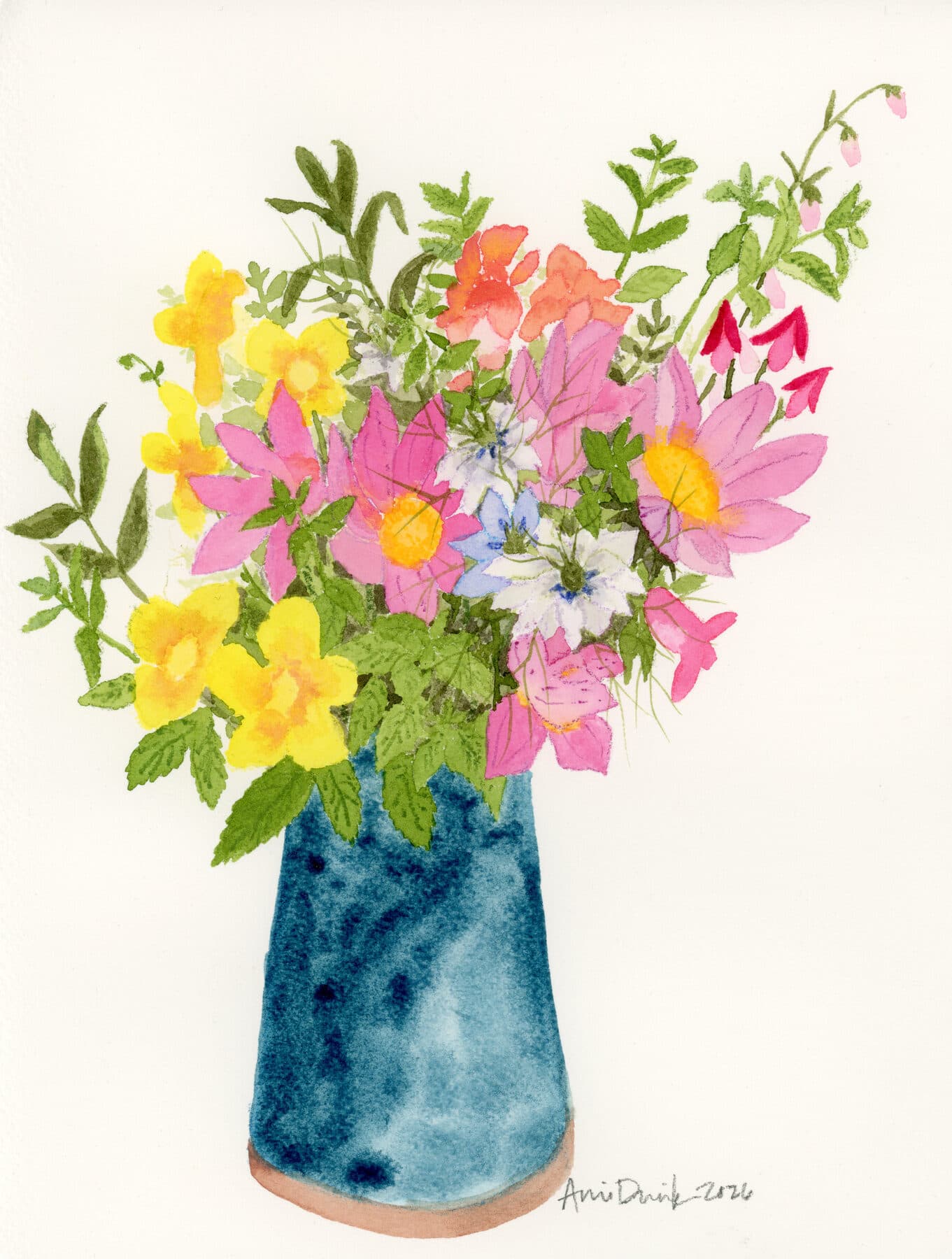 Watercolor painting of Garden Flowers blue vase