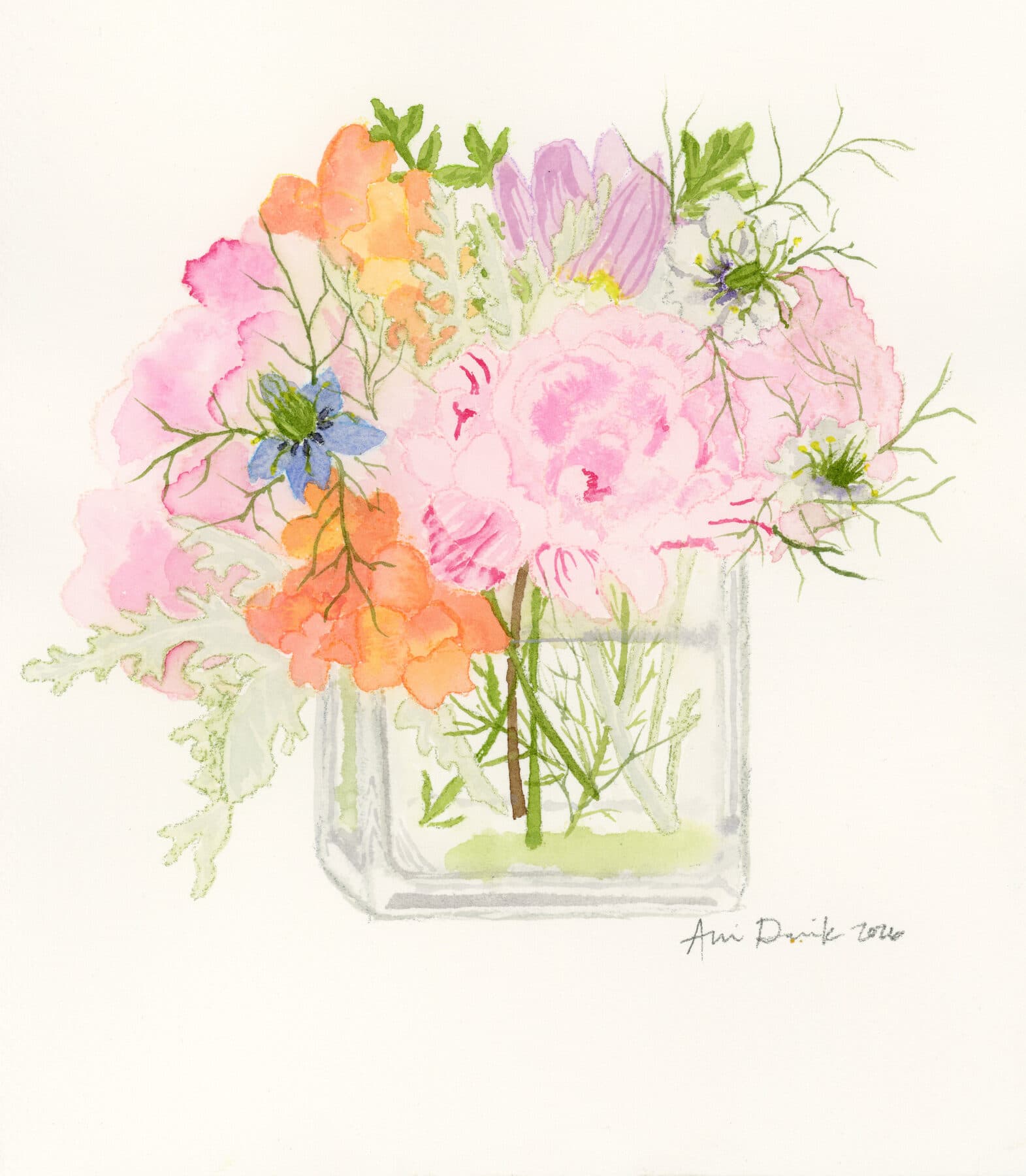 Watercolor painting of Garden flowers clear vase