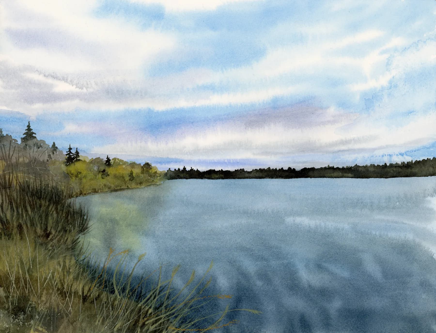 Watercolor painting of Green Lake Purple Sky
