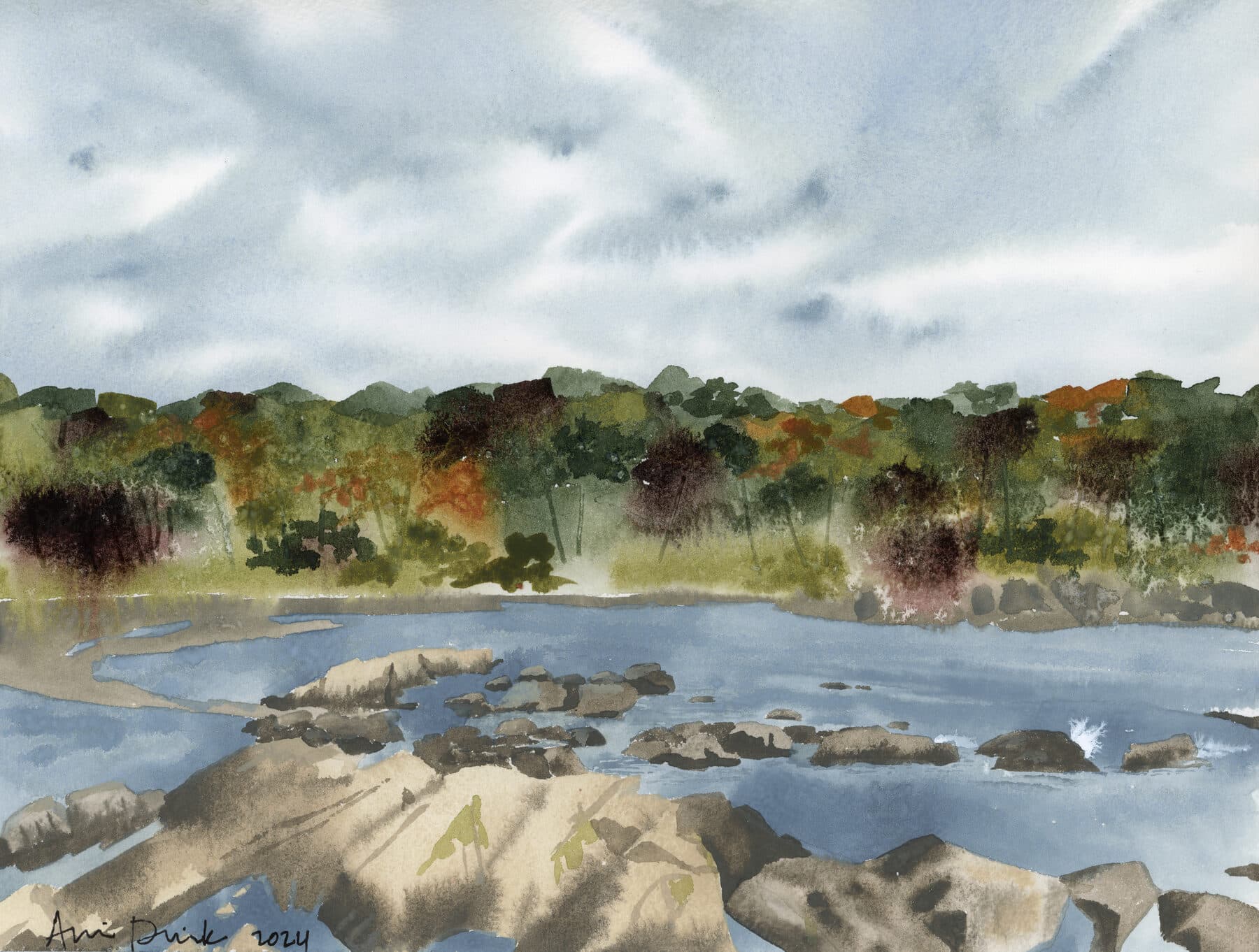 Watercolor painting of Maine fall colors