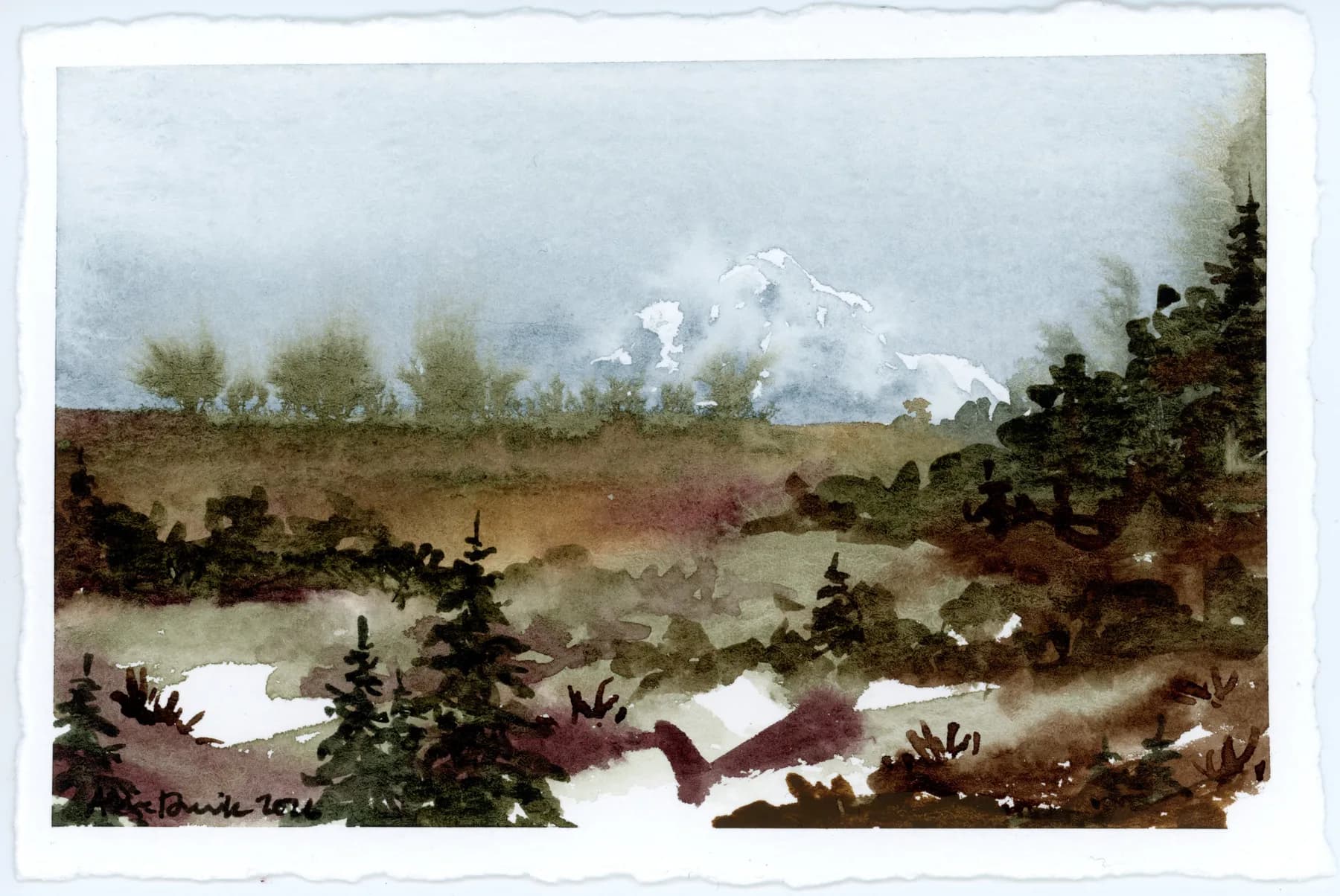 Stuart Island, an original watercolor landscape on deckle-edged paper