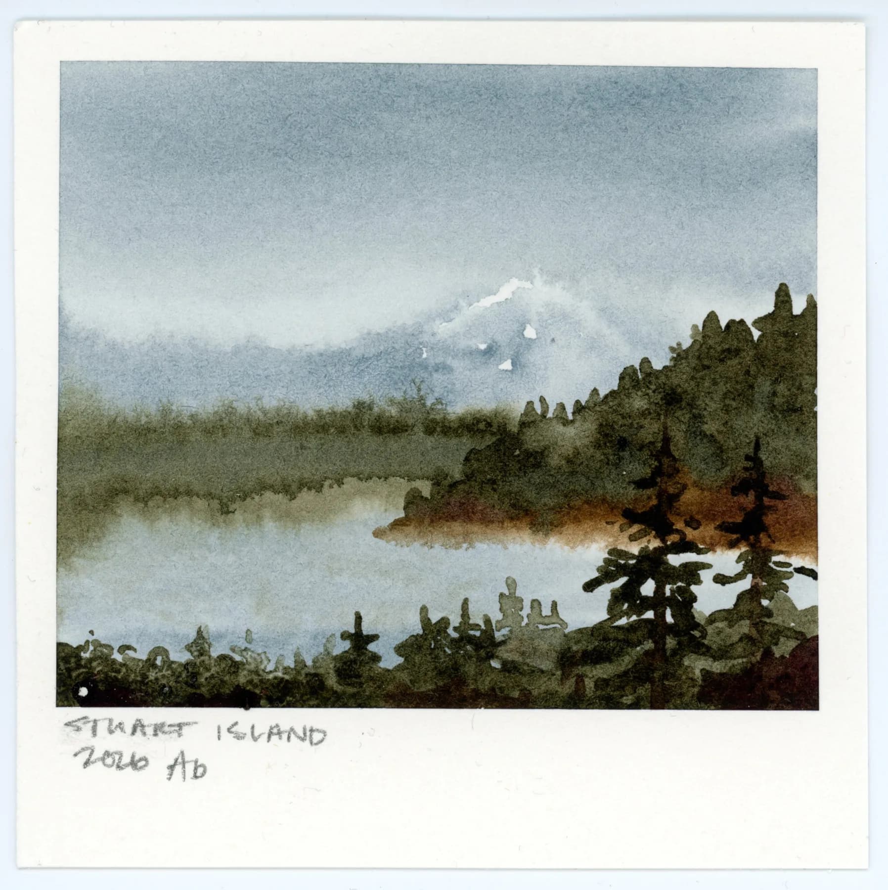 Stuart Island, a small square watercolor landscape painted to look like a Polaroid