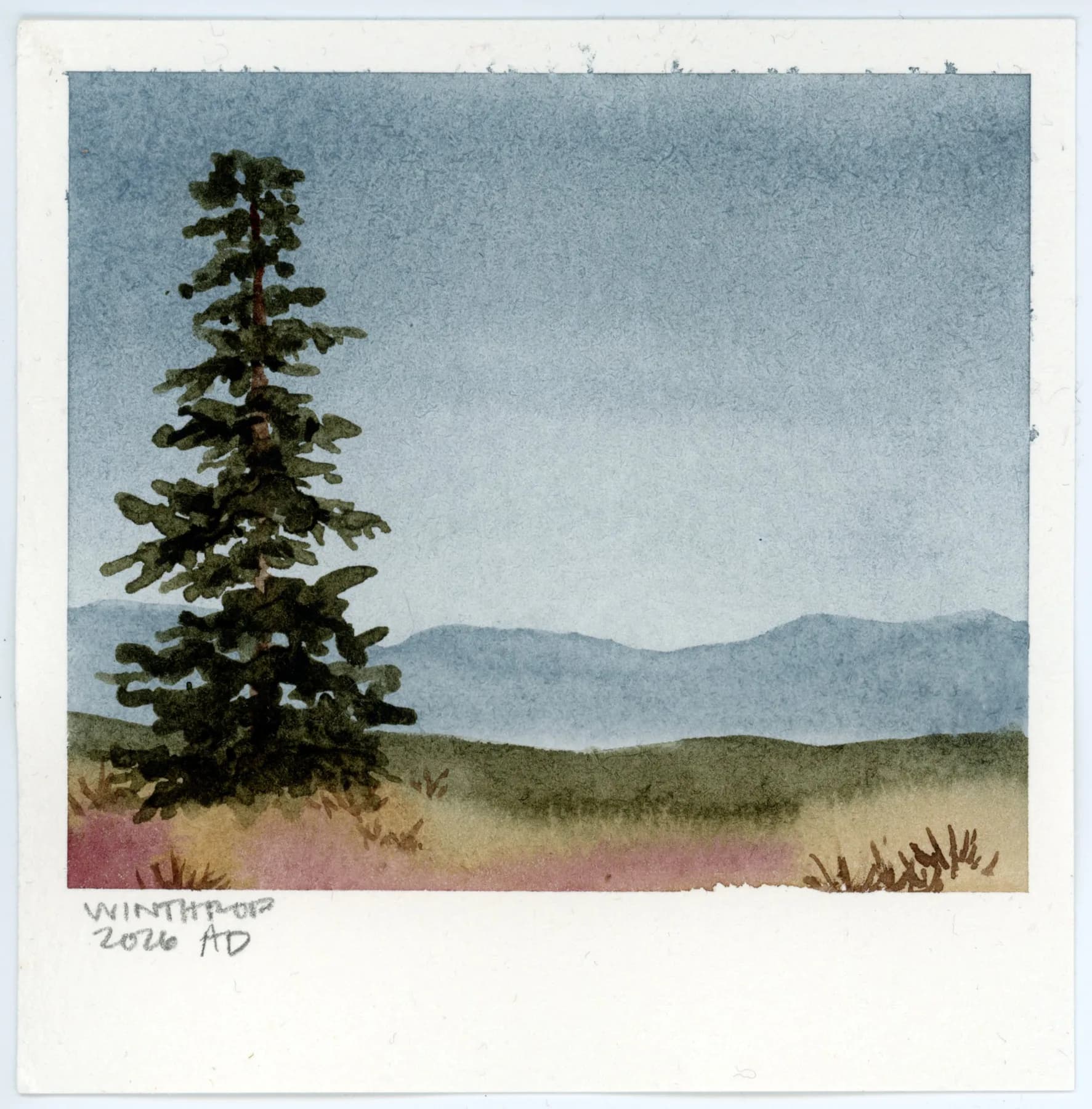 Winthrop, a small square watercolor landscape painted to look like a Polaroid